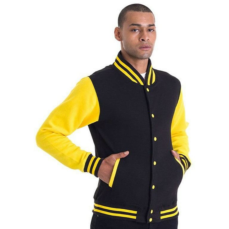 AWDis Hoods Varsity Letterman Jacket Jet Black/Sun Yellow XS at   Men's Clothing store