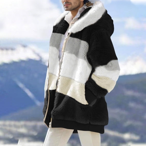 Awdneio Men's Fashion Hoodies & Sweatshirts 2025 Winter Fuzzy Fleece Jacket Hooded Color Block Patchwork Cardigan Coats Outerwear with Pockets