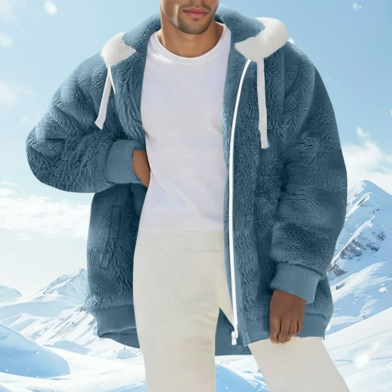 Awdneio Mens Sweatshirts 2025 Winter Fuzzy Fleece Jacket Hooded Solid Patchwork Cardigan Coats Outerwear with Pockets