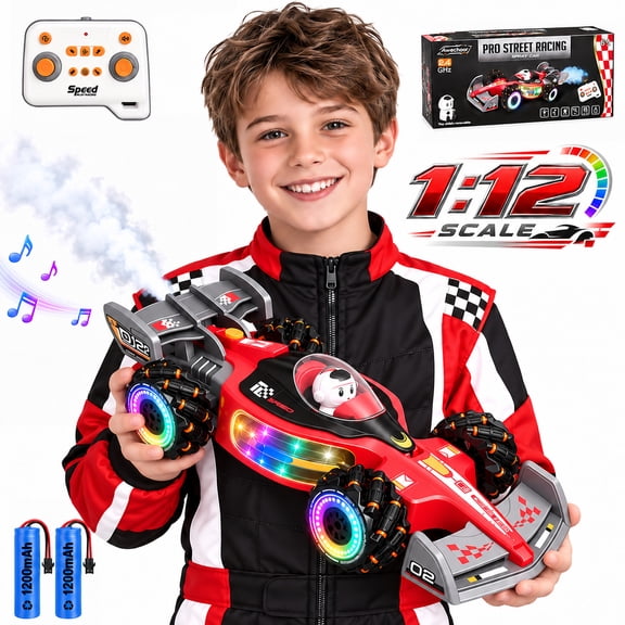 Awecheer 1:12 RC Car, 2.4GHz Remote Control Car with 2 Rechargeable Batteries, High-Speed Spray RC Stunt Racing Car with LED Lights and Music,Vehicle Gift for Kids Boys Girls 6 , Red
