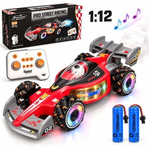 Awecheer 1:12 RC Car, 2.4GHz Remote Control Car with 2 Rechargeable Batteries, High-Speed Spray RC Stunt Racing Car with LED Lights and Music,Vehicle Gift for Kids Boys Girls 6+, Red