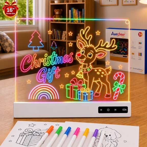 Awecheer 2000mAh Rechargeable 16 LED Drawing Board for Kids, Magnetic Drawing Board, Led Writing Board Glow Pad, Christmas & Birthday Gift for Boys and Girls 3+, Arts & Crafts, Light up Toy
