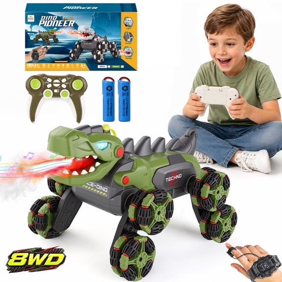 Awecheer 8WD Dinosaur RC Car for Boys, 2.4GHz Stunt Remote Control Car with Gesture Watch, 2 Rechargeable Batteries T-Rex Toy Christmas Birthday Gift for Kids Boys Girls 6+, Jungle Green