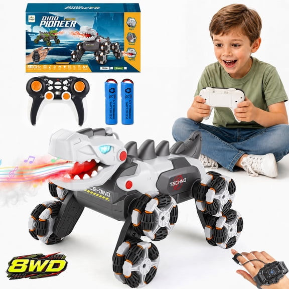 Awecheer 8WD Dinosaur Remote Control Car for Boys Girls , 2.4GHz Stunt RC Car with Gesture Watch, 2 Rechargeable Batteries T-Rex Toy Christmas Birthday Gift for Kids 6+, Phantom White