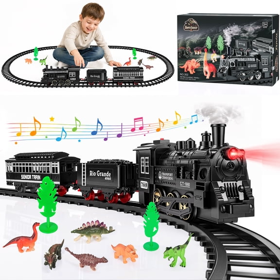 Awecheer Train Set for Kids, 26-Piece Electric Train Set Under the Christmas Tree with Steam, Lights & Sounds, Large Locomotive, Thickened Tracks & 6 Dinosaur Toys, Gift for Ages 3+