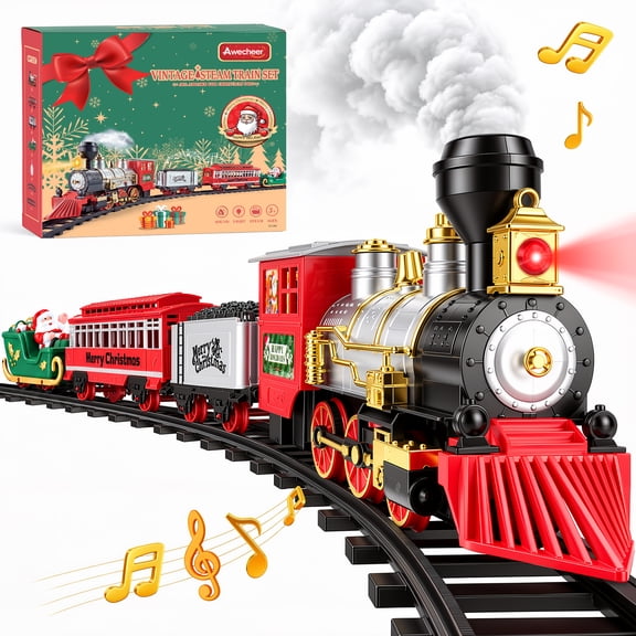 Awecheer Train Set for Kids Under the Christmas Tree, Electric Toddler Train Set with Steam, Lights and Sound, Holiday Train Gift for Ages 3–8