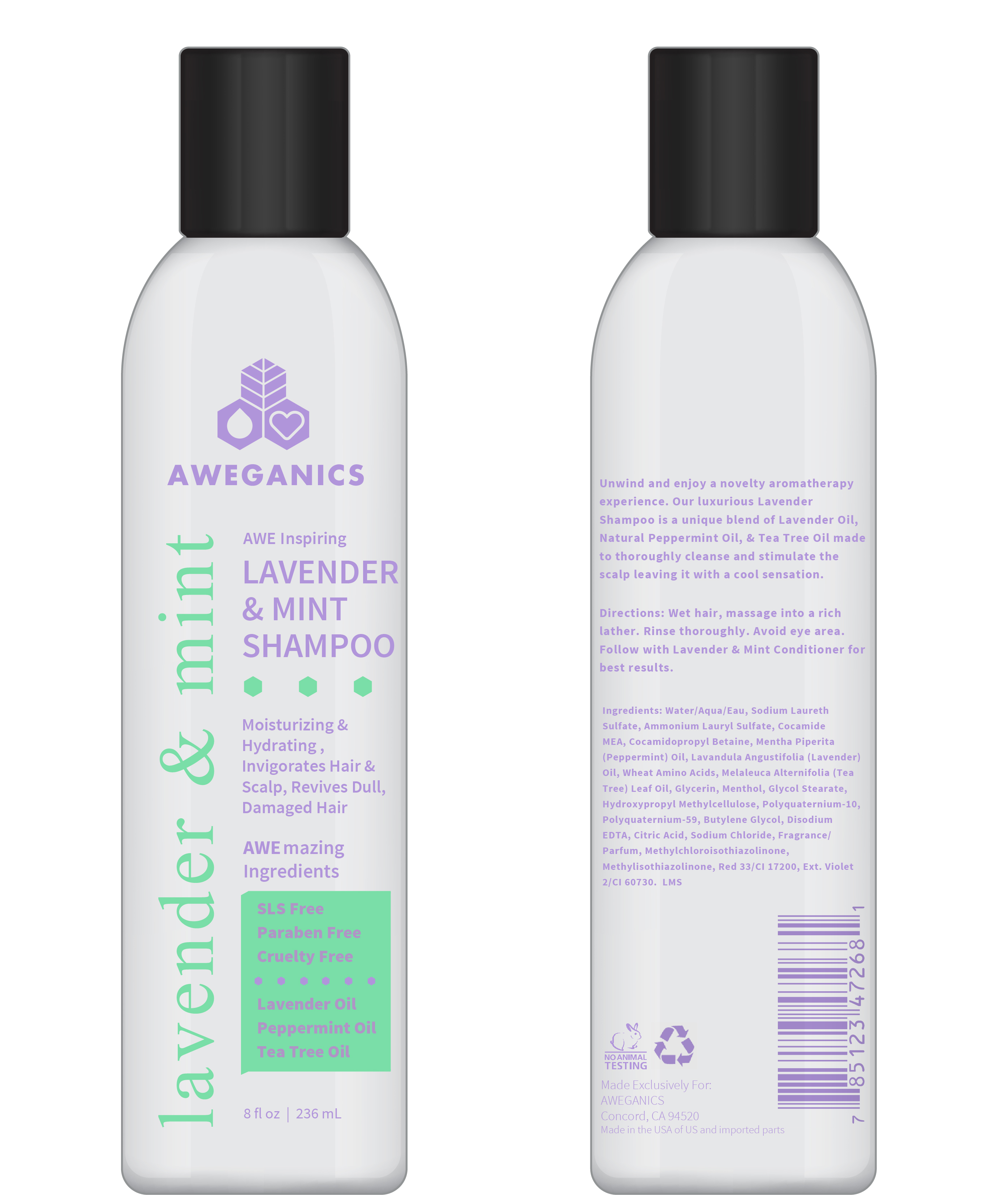 Aweganics Lavender Mint Hair Shampoo - AWE Inspiring Natural Aromatherapy Invigorating Purple Shampoos - Hydrating, Cleansing, Moisturizing - Paraben-Free, Cruelty-Free, Peppermint, Tea Tree… - image 1 of 8