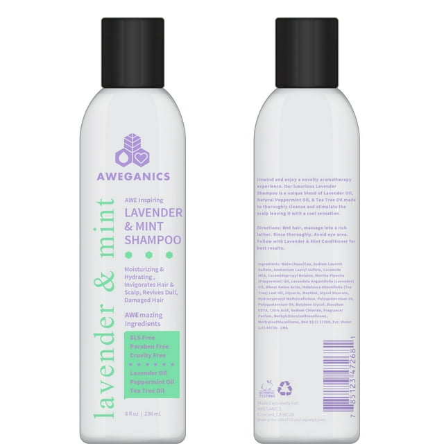 Aweganics Lavender Mint Hair Shampoo - AWE Inspiring Natural Aromatherapy Invigorating Purple Shampoos - Hydrating, Cleansing, Moisturizing - Paraben-Free, Cruelty-Free, Peppermint, Tea Tree…