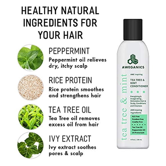 Aweganics Tea Tree Mint Conditioner - AWE Inspiring Natural Aromatherapy Invigorating Peppermint Conditioners - Cooling, Cleansing, Moisturizing - SLS-Free, Paraben-Free, Cruelty-Free, COLOR SAFE