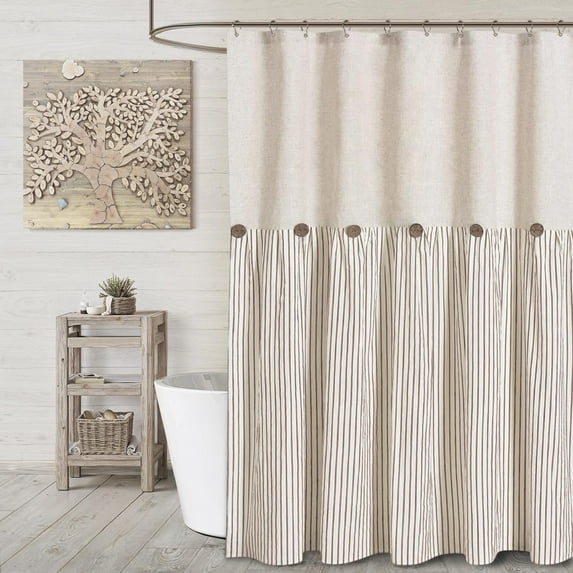 Awellife Farmhouse Beige Shower Curtain Button Linen Textured Woven Fabric,Pleated Beige Stripe,Country Style,72x72 Inch