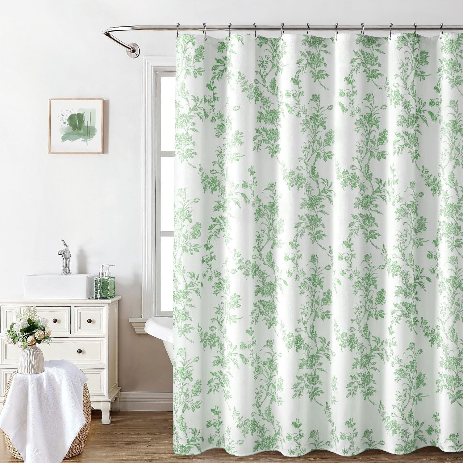 Awellife Sage Green Shower Curtain,Cotton Floral Cottagecore Shower ...