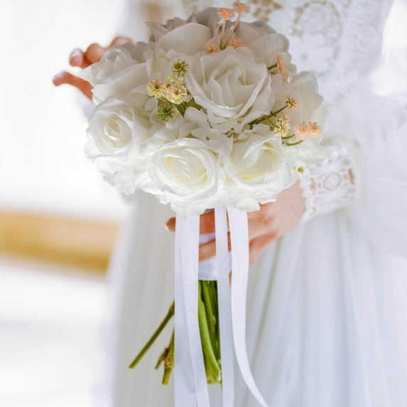 HCBY Artificial Rose Hydrangea Flowers Bouquet Faux Silk Rose Flowers Bouquet for Bride Bridesmaid Centerpieces Floral Arrangement Home Decoration (White 9.8"x5.6")