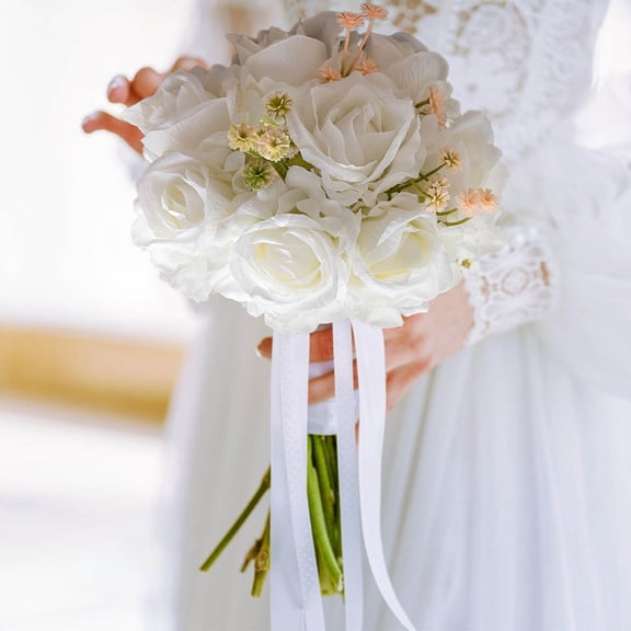 HCBY Artificial Rose Hydrangea Flowers Bouquet Faux Silk Rose Flowers Bouquet for Bride Bridesmaid Centerpieces Floral Arrangement Home Decoration (White 9.8"x5.6")