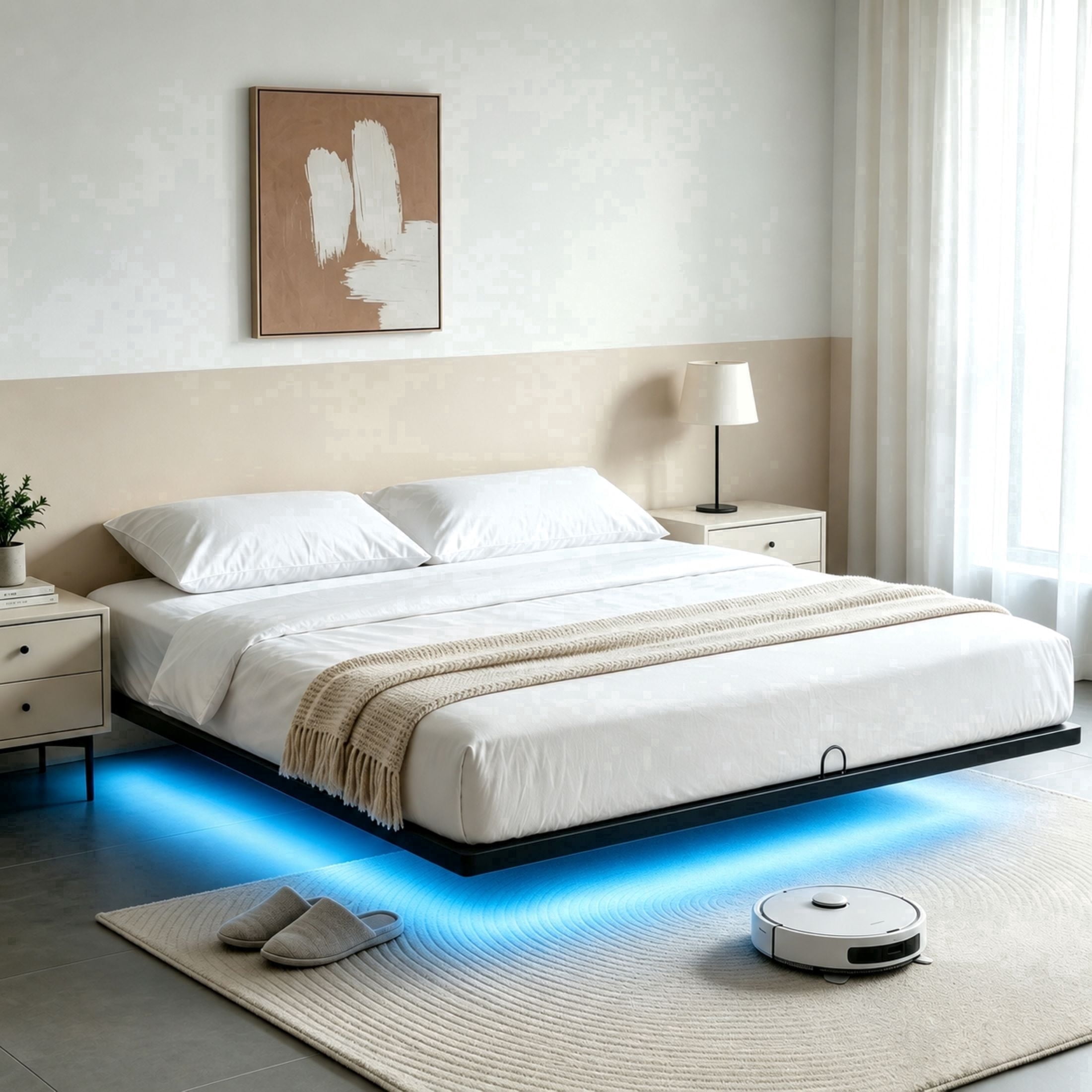 Awesofurni Floating Bed Frame King Size with Smart LED Lights, Modern ...