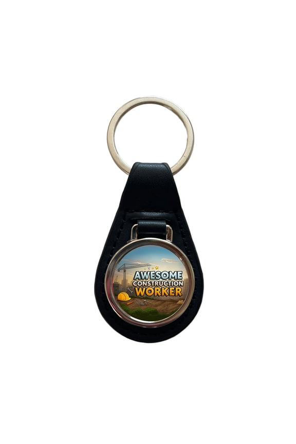 Awesome Construction Worker Inspirational Metal Black Leather Keychain