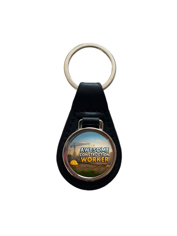 Awesome Construction Worker Inspirational Metal Black Leather Keychain