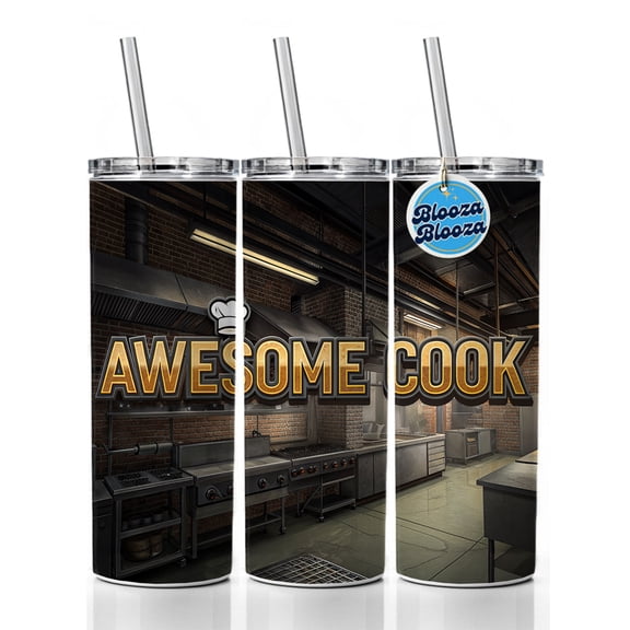 Awesome Cook Inspirational Industrial Kitchen 20oz Insulated Water Bottle Skinny Tumbler Includes Straw