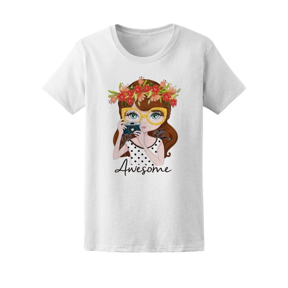 Awesome, Cute Floral Camera Girl T-Shirt Women -Image by Shutterstock, Female Medium