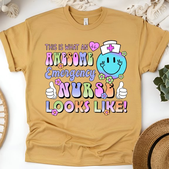 Awesome Emergency Nurse T-Shirt | Fun Colorful Graphic Tee for Women, Gold, Size XL