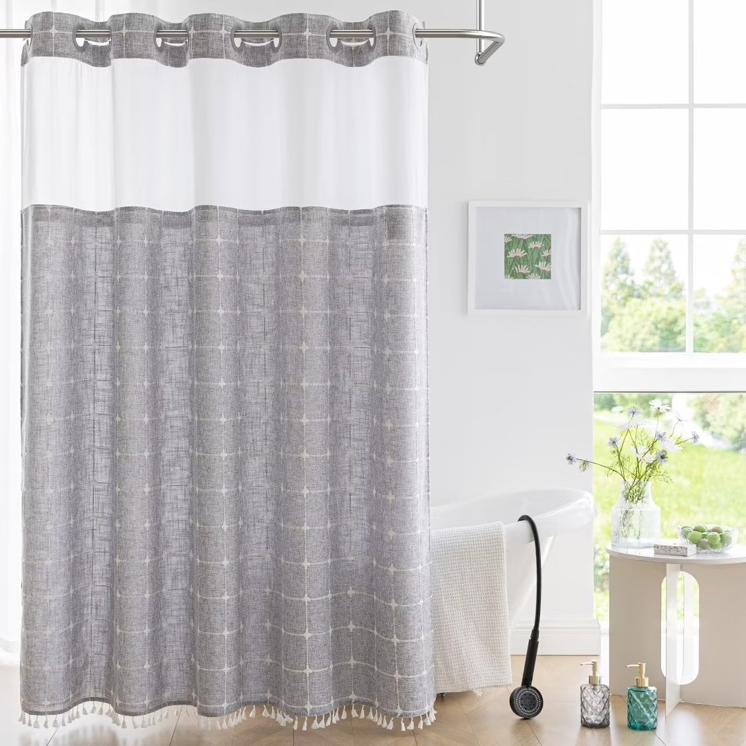 Gray and White Linen Textured Shower Curtain with Tassels and Snap-In Liner