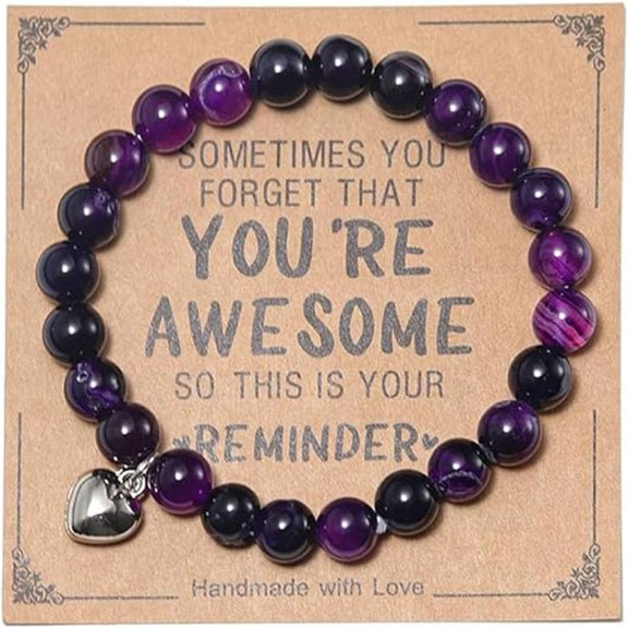 You're Awesome Inspirational Natural Healing Stone Beaded with Heart Pendant Adjustable Friendship Couple Bracelet Meaningful Card Birthday Jewelry Gifts for Women Men