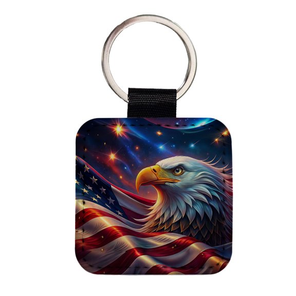 Awesome Patriotic American Flag and Bald Eagle Faux Leather Square Keychain