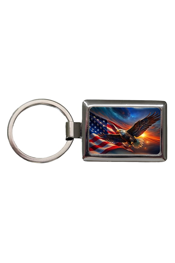 Awesome Patriotic American Flag and Flying Bald Eagle Metal Rectangle Keychain