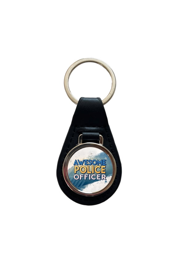 Awesome Police Officer Inspirational Metal Black Leather Keychain