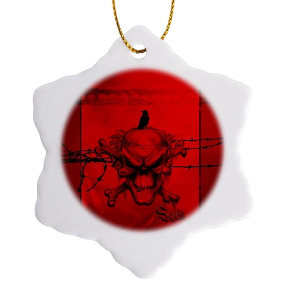 3drose, Awesome Red Skull with Crow, 3 inch Snowflake Porcelain Ornament