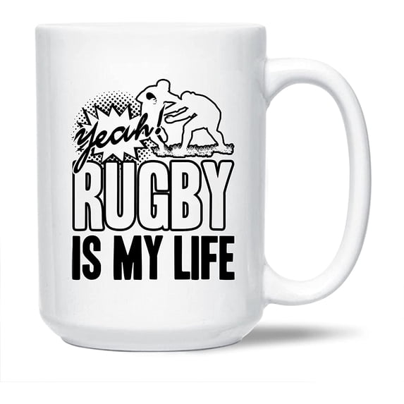 Awesome Rugby Decorative Mug, Rugby Is My Life Pottery Teacup, Unique Rugby Coffee Mug, Rugby White Ceramic Tea Mug, Rugby Mug Cup 15 Oz.