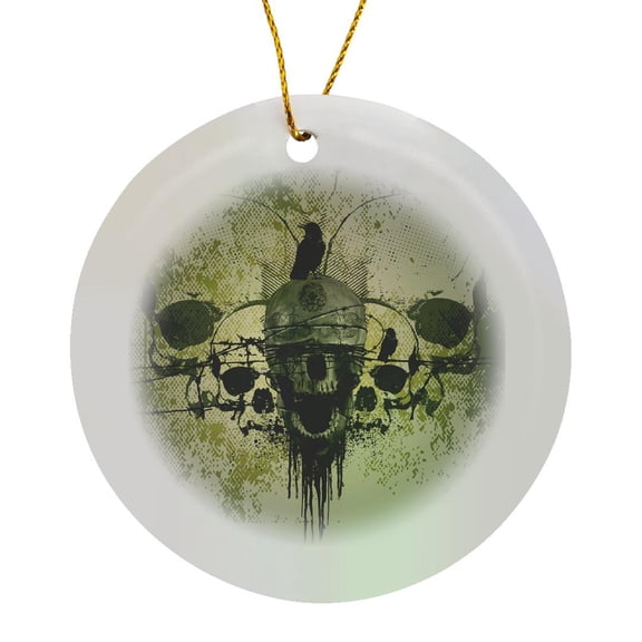 3drose, Awesome Skull with Crow in Green Colors, Circle Porcelain Ornament