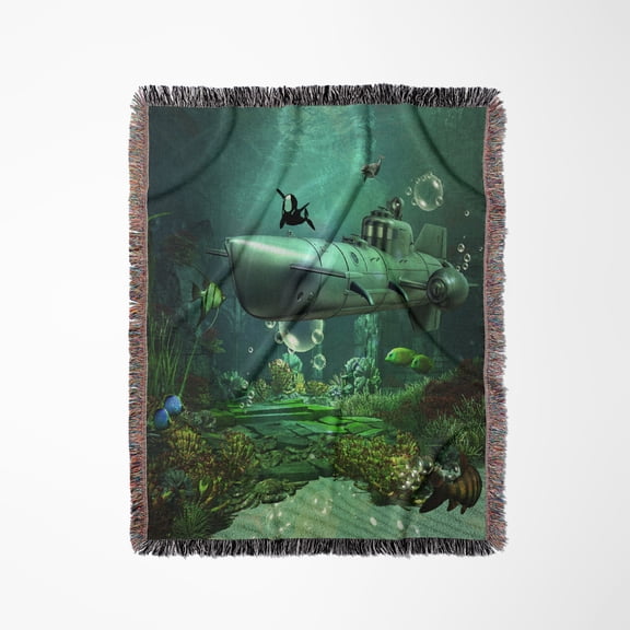 Awesome Submarine With Orca And Dolphin, Woven Blanket