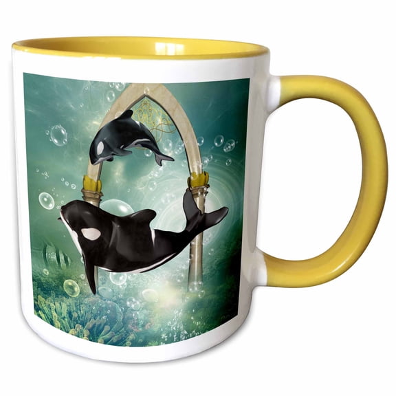 3drose, Awesome Swimming Orca, 11oz Two-tone Yellow Mug