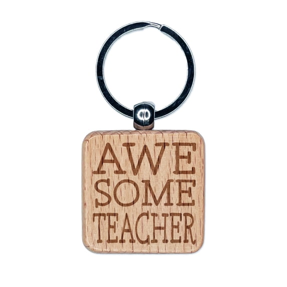 Awesome Teacher Fun Text Square Keychain Charm Tag - Engraved Wood
