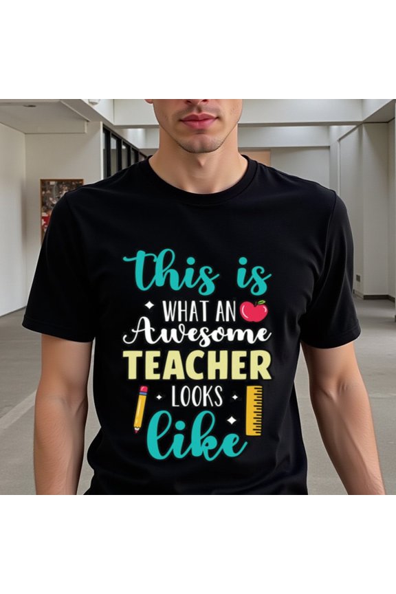 Awesome Teacher" T-Shirt for Men & Teens - 100% Cotton Crew Neck Short Sleeve Tee with Colorful Teacher Appreciation Design, Perfect for Running, Hiking, Beach, and Parties, Casual Wear | Playful Gr