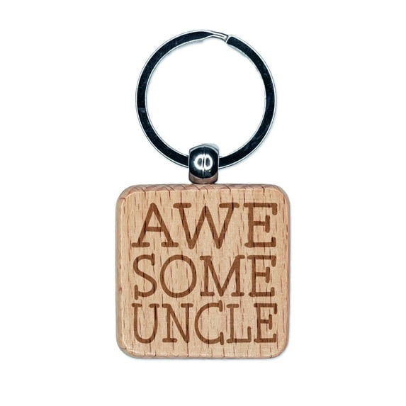Awesome Uncle Fun Text Square Keychain Charm Tag - Engraved Wood