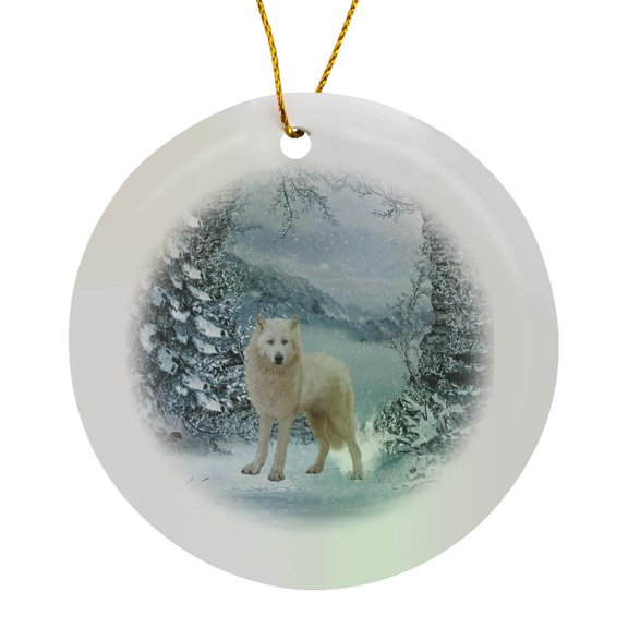 3drose, Awesome White Wolf in a Winter Landscape, Circle Porcelain Ornament