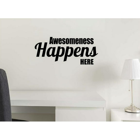 Awesomeness Happens here 23 X 10 Vinyl Wall Quote Decal Sticker Office Sports Team Sticker Calligraphy Art Decor Motivational Inspirational Lettering