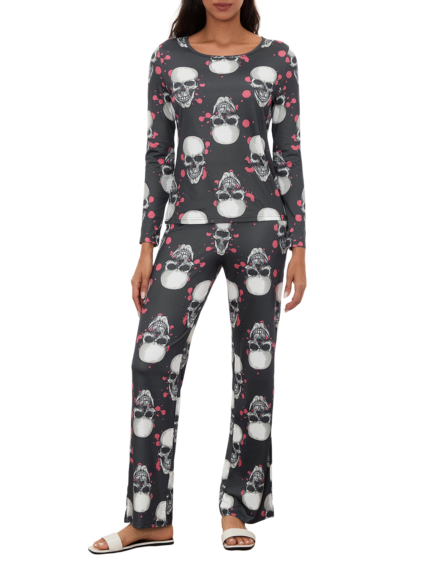 Awevudst Women Halloween Pajamas Lounge Set Skull Print Tops and Pants