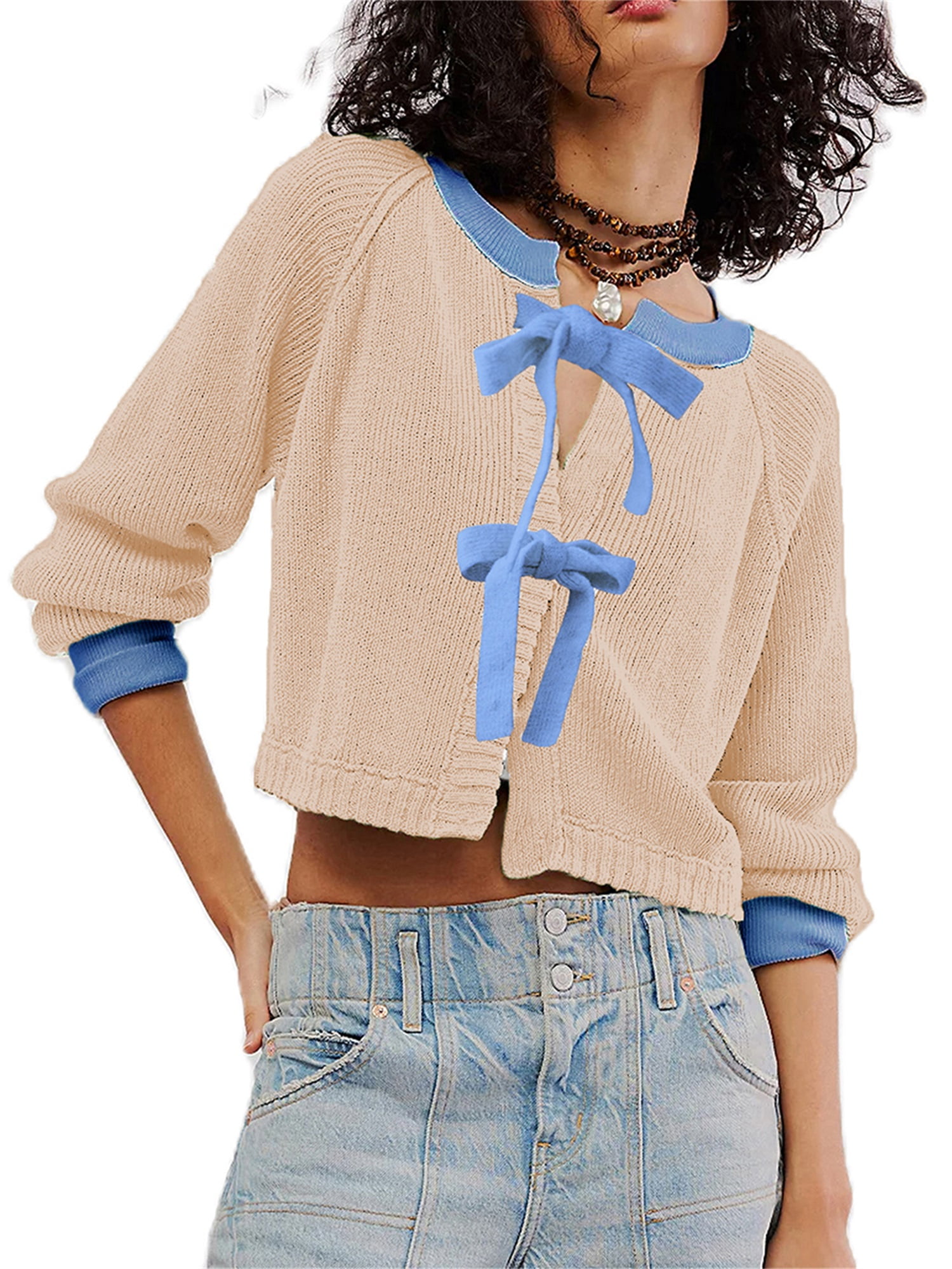 Color contrast knitted sweater cardigan