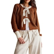 Awevudst Women's Knit Sweater Long Sleeve Bow Tie Front Contrast Color Cardigan