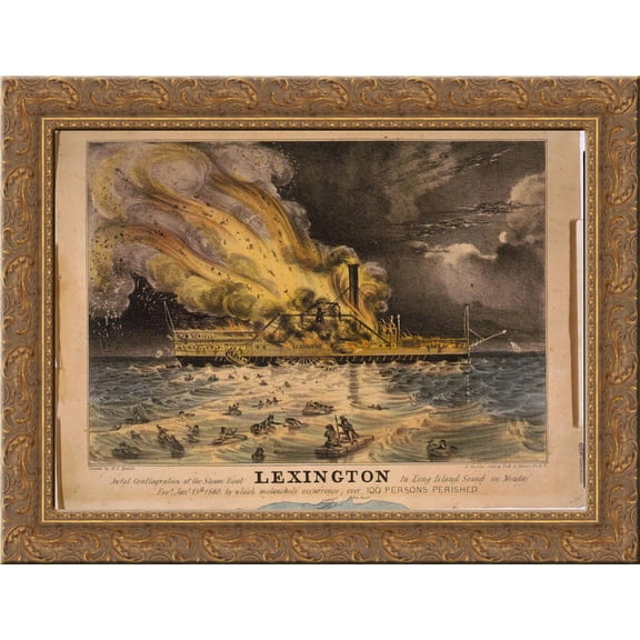 Awful conflagration of the steam boat Lexington in Long Island Sound on Monday eveg., Jany. 13th 1840 24x18 Gold Ornate Wood Framed Canvas Art by Currier and Ives