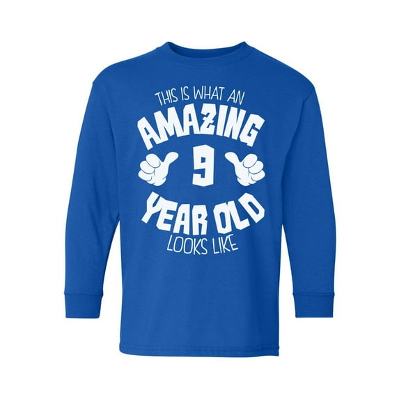 Awkward Styles 9th Birthday Youth Long Sleeve T-shirt It's My Ninth B-day Crewneck Tee for Kids Boys Girls This is What an Amazing 9 Year Old Looks Like
