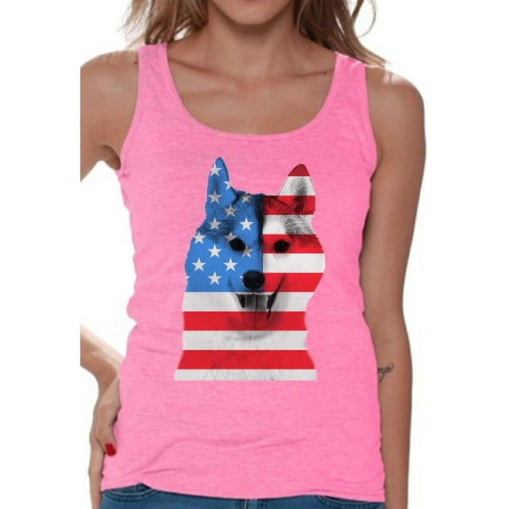 Awkward Styles American Flag Husky Dog Tank Tops for Women American Patriotic Women's Tops USA Flag Tanks 4th Of July Gifts for Husky Dog Owners Red White & Blue Independence Day Graphic Tank Tops