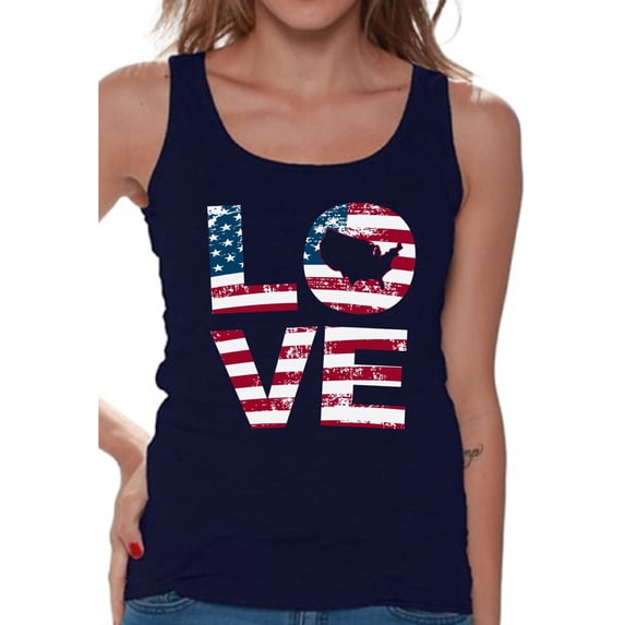 Awkward Styles American Flag Love Women Tank Top Red White and Blue 4th of July Women Shirt Proud American Retro USA Love Tank for Women 4th of July Gifts 4th of July Women Top I'm American