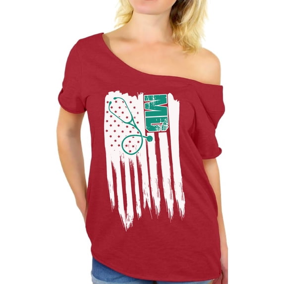 Awkward Styles American Flag MD Medic Off Shoulder Shirt 4th of July Party Vintage USA Medical T shirt for Women Proud American Pro America Doctor Women Off Shoulder Shirt Love USA