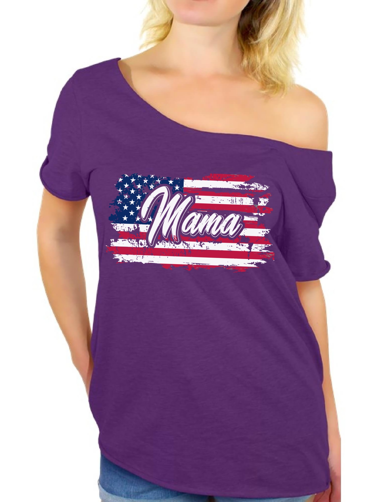 Awkward Styles American Flag Off Shoulder Shirt USA Flag Off Shoulder T shirt for Mama 4th of July Gifts Mama USA Off Shoulder Tshirt Gifts for Mama 4th of July Mama Off Shoulder T-shirt I'm American - image 1 of 4