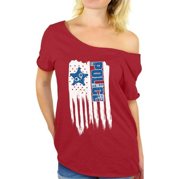 Awkward Styles American Flag Police Off Shoulder Shirt 51 Sates USA Police Women T shirt Love USA Patriotic Police Tshirt for Women 4th of July Party Retro USA Police Off Shoulder Shirt