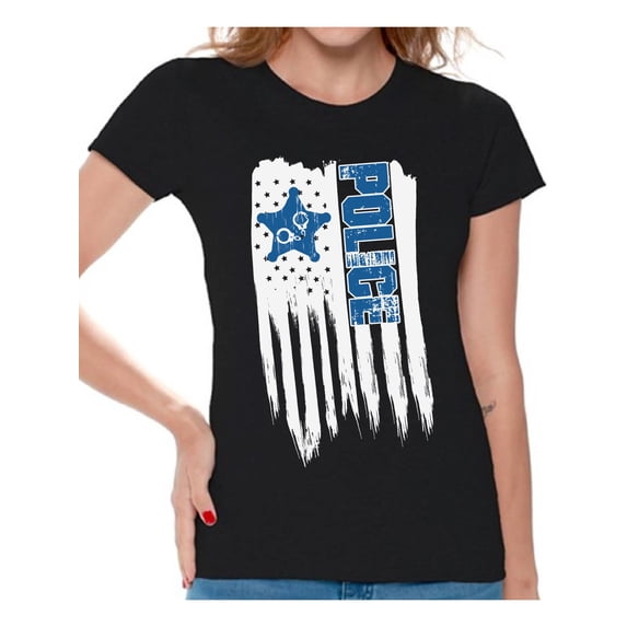 Awkward Styles American Flag Police Women Shirt USA Gifts Retro USA Police T shirt for Women 4th of July Gifts Pro America Police Women Tshirt Poud American 4th of July Police T-shirt for Women