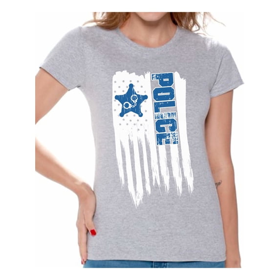 Awkward Styles American Flag Police Women Shirt USA Gifts Retro USA Police T shirt for Women 4th of July Gifts Pro America Police Women Tshirt Poud American 4th of July Police T-shirt for Women